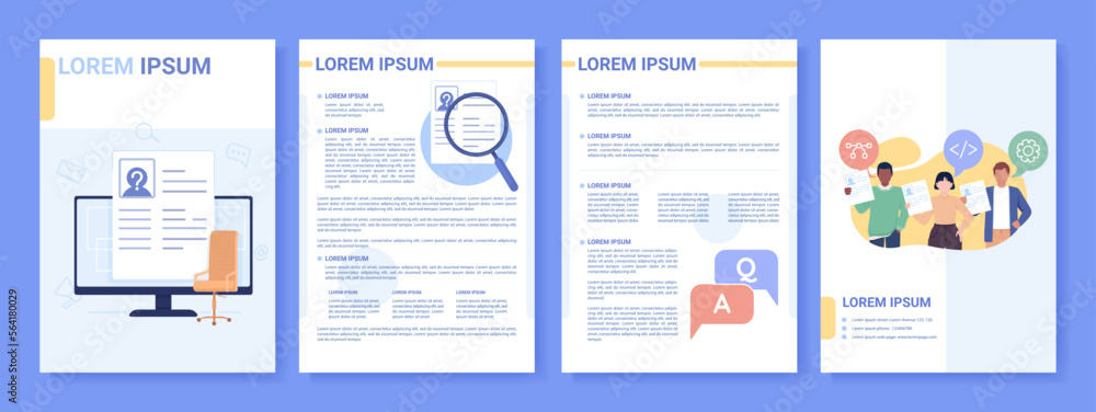 Hiring new talent online flat vector brochure template. Headhunting booklet, leaflet printable color designs. Editable magazine page, reports kit with text space. Roboto, Myriad Pro fonts used