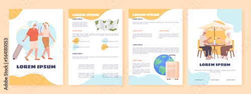 Old couple travel abroad flat vector brochure template. Booklet, leaflet printable color designs. Editable magazine page, reports kit with text space. Sigmar One, Balsamiq Sans, Comfortaa fonts used