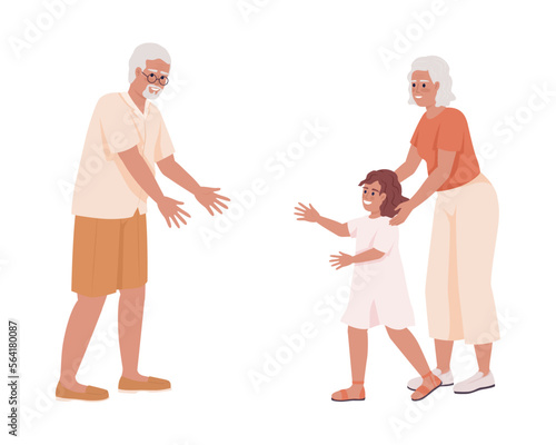 Granny introducing granddaughter to grandpa semi flat color vector characters. Editable figures. Full body people on white. Simple cartoon style illustration for web graphic design and animation