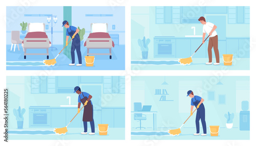 Floor cleaning services flat color vector illustrations set. Professional cleaner. Domestic chores. Fully editable 2D simple cartoon characters with light blue interior collection on background