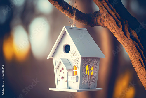 Fotografering white wooden birdhouse with tree on blurred background