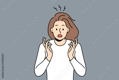 Stunned young woman feeling shocked and scared with unexpected news or message. Shocked girl terrified or astonished show emotions. Vector illustration. 