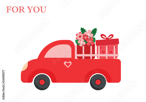 red car with hearts carrying gifts and flowers on February 14