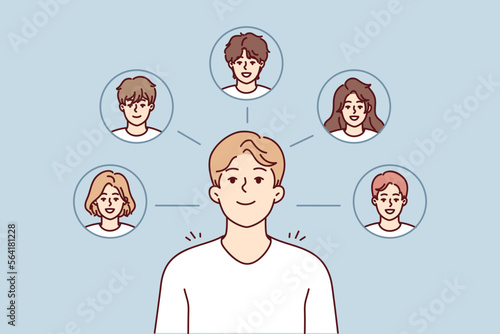 Young guy thinks about college friends and wants to meet or have party together. Faces of boys and girls of high school students near student with smile remembering classmates. Flat vector image