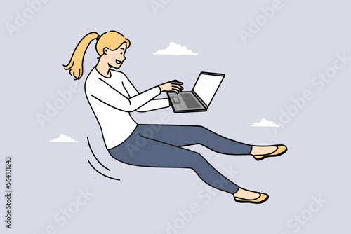 Smiling young woman flying in air working on laptop online. Happy female busy with computer job. Freelance and business concept. Vector illustration. 