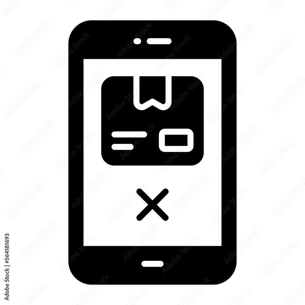 Package box and cross sign inside the mobile denoting cancel delivery order Package box and cross sign inside the mobile denoting cancel delivery order