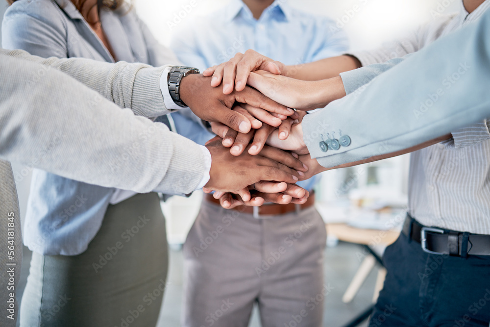 Collaboration, teamwork and hands stacked for solidarity, support and staff diversity mission in business startup. Group of people together sign of goals, community and motivation strategy background Collaboration, teamwork and hands stacked for solidarity, support and staff diversity mission in business startup. Group of people together sign of goals, community and motivation strategy background