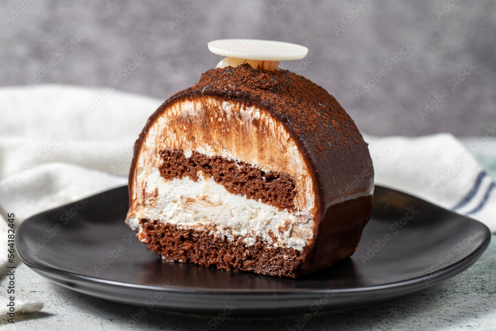 Layered Chocolate Cake on a Stone Background. A slice of delicious portion chocolate cake. close up Layered Chocolate Cake on a Stone Background. A slice of delicious portion chocolate cake. close up