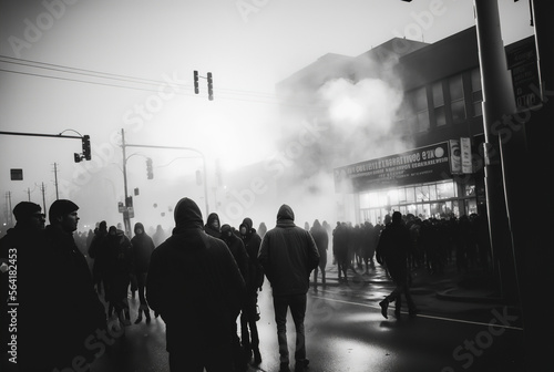 Riot on the street with smoke around, Generative Ai photo