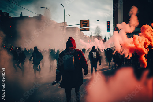 Riot on the street with smoke around, Generative Ai
