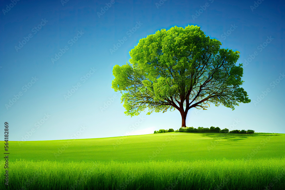 Green field, tree and blue sky.Great as a background Green field, tree and blue sky.Great as a background