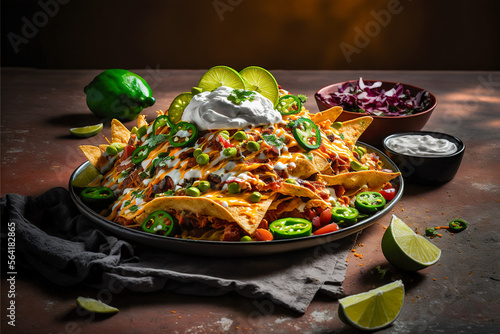 Comfort food: Cheesy nachos plate with lemon, Generative AI