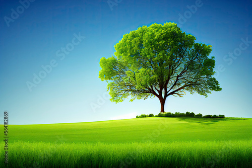 Green field, tree and blue sky.Great as a background