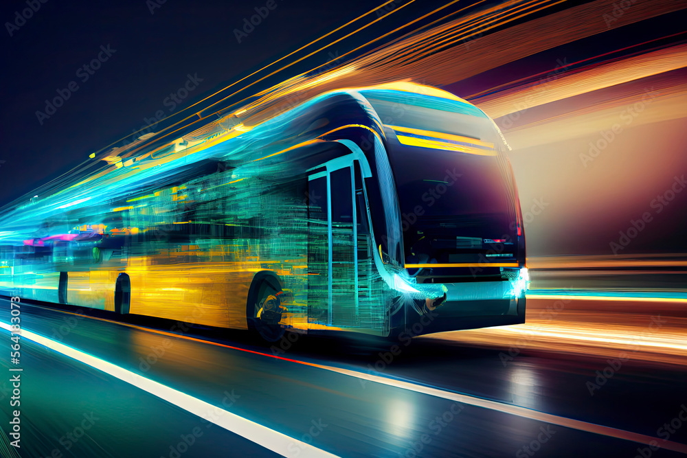 Motion blur and digital data flow on the road give the impression of rapid data transit