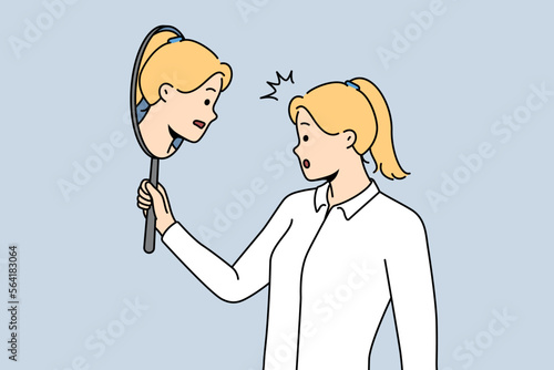 Woman looking in mirror thinking of different part of self. Young female consider aspects of inner identity. Self-awareness and oneness. Vector illustration. 