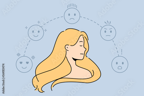 Young woman surrounded with emojis with different emotions. Female feel emotional and expressive experience bad and good mood. Vector illustration. 