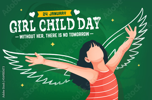 National girl child day celebration concept banner template design on blackboard. Presentation abstract, modern publication poster. Vector of a girl with wings on board joyful spread her arms dancing.