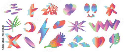 Fototapeta Naklejka Na Ścianę i Meble -  Set of 3d geometric shapes vector. Colorful holographic retro pop art design of geometric realistic element icon, star, heart, grid, leaf, comic face. Design for logo template, banner, decoration.