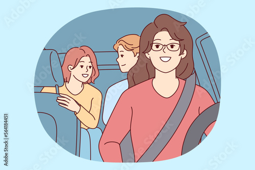 Woman drives car with teenage children in passenger seat, giving them ride to high school. Girl driver in glasses fastened with seat belt with friends in own vehicle. Flat vector illustration