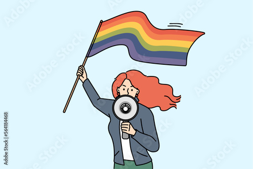 Decisive young woman with LGBTQ flag scream in megaphone on protest or demonstration. Female activist or protester with LGBT symbol make announcement in loudspeaker. Vector illustration. 