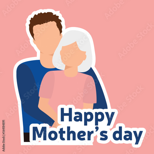 Son with mother. Happy Mother's Day square card or banner. Vector illustration.