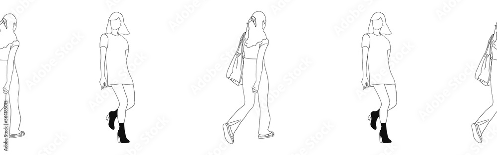 Border with woman. Black hand drawn illustration isolated on white background. Design doodle line art element. Border with woman. Black hand drawn illustration isolated on white background. Design doodle line art element.