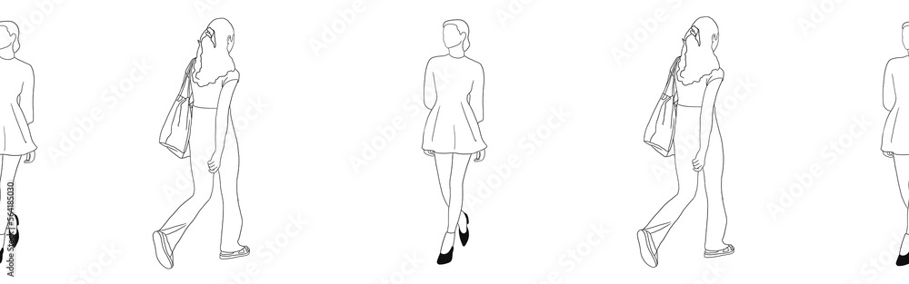 Border with woman. Black hand drawn illustration isolated on white background. Design doodle line art element. Border with woman. Black hand drawn illustration isolated on white background. Design doodle line art element.