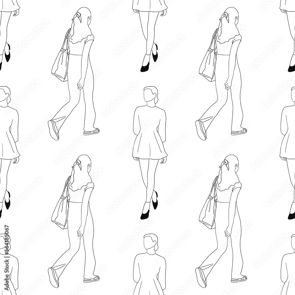 Line pattern of walking on the street after work time conceptual hand drawn minimalism lineart print isolated on white background illustration Line pattern of walking on the street after work time conceptual hand drawn minimalism lineart print isolated on white background illustration