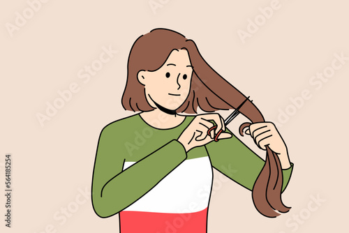 Young woman cut hair support Iranian women. Decisive female stand together with iran feminist and activist. Equality and feminist rights. Vector illustration. 