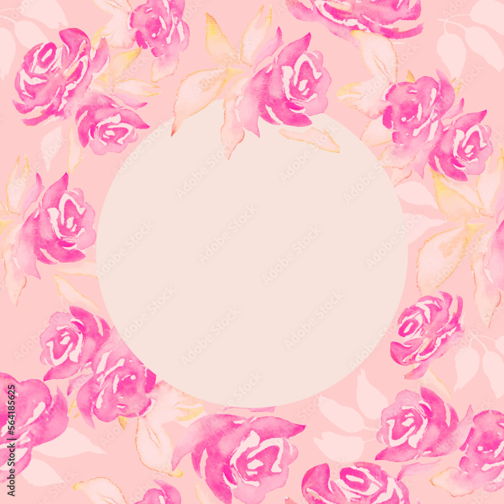 Watercolor roses frame for your  design. Hand drawn floral illustration. Pink background for greeting cards, invitation. Vector EPS.
