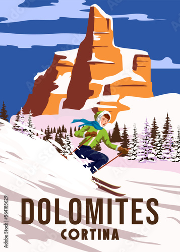 Vintage Travel poster Ski Dolomites resort. Italy winter landscape travel card