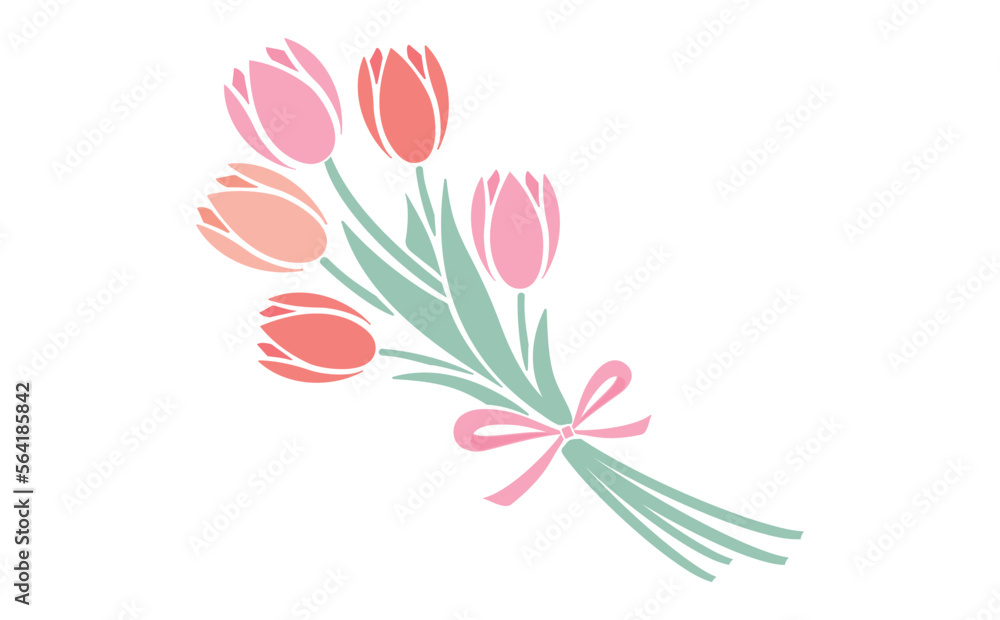 Obraz premium シンプルな春のお花のチューリップの花束イラスト_ベクター素材_ピンク赤色_透過PNG