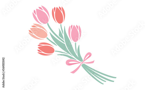 Fototapeta Naklejka Na Ścianę i Meble -  シンプルな春のお花のチューリップの花束イラスト_ベクター素材_ピンク赤色_透過PNG