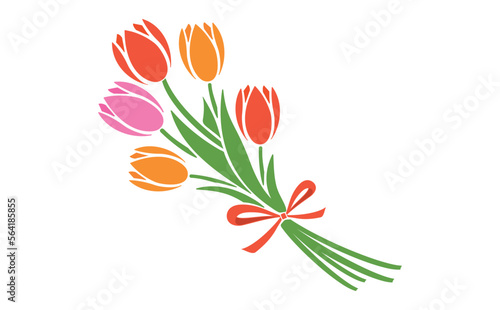 シンプルな春のお花のチューリップの花束イラスト_ベクター素材_ビビット赤色_透過PNG