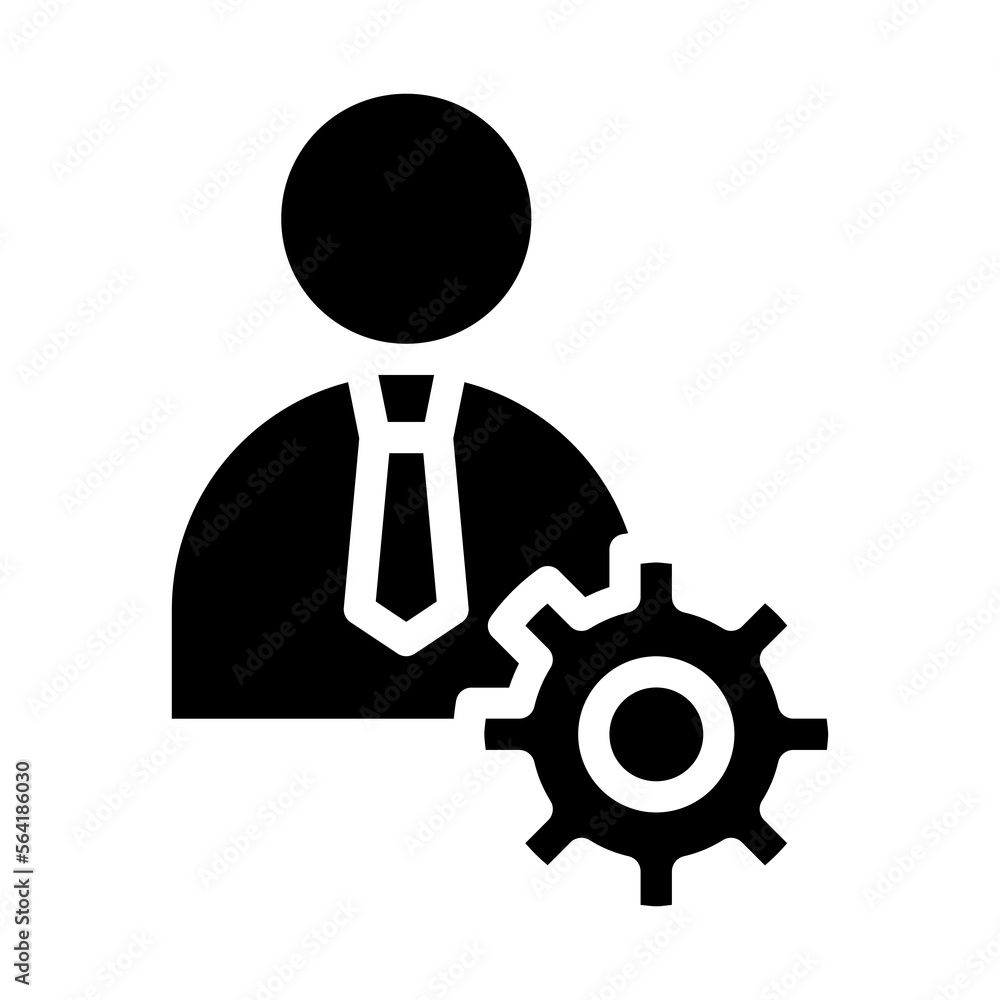 Isolated businessman with cogwheel in solid glyph icon on white background. manager, office worker, leader, employee, avatar, profile Isolated businessman with cogwheel in solid glyph icon on white background. manager, office worker, leader, employee, avatar, profile
