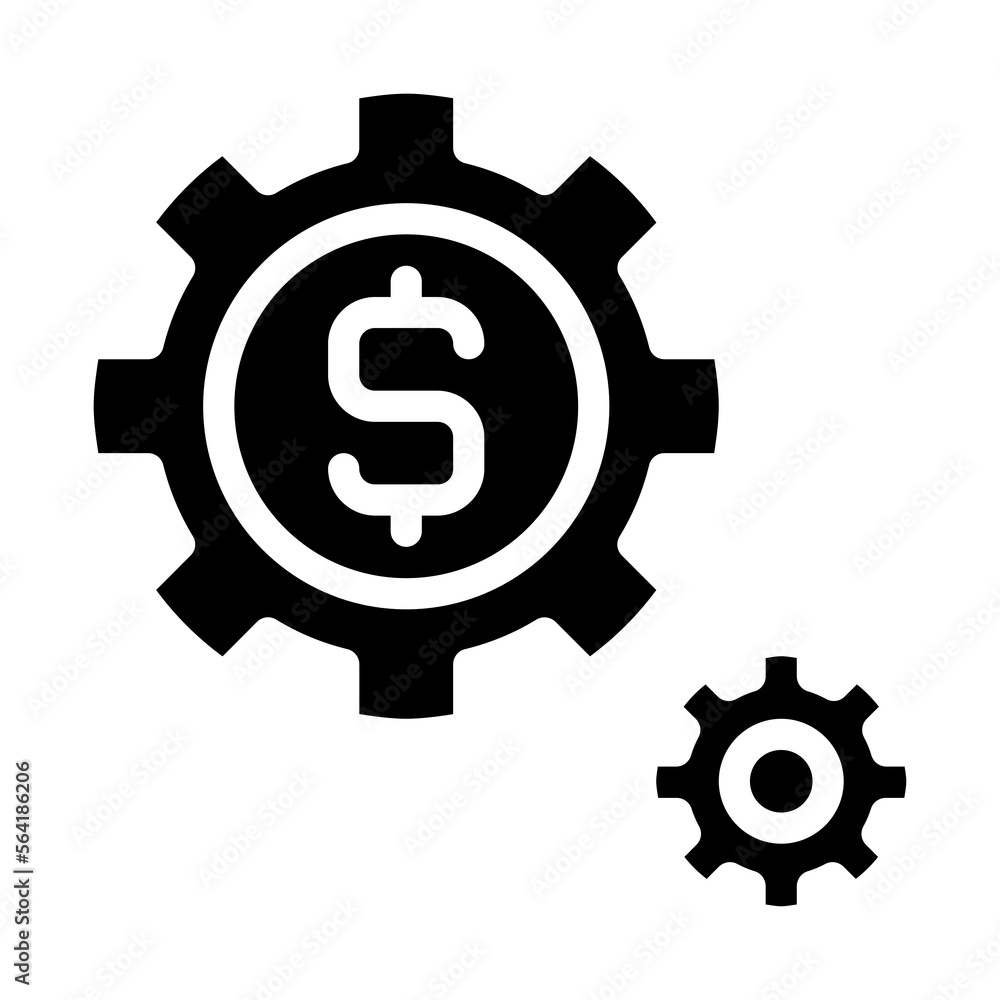 Isolated gear with dollar symbol in solid glyph icon on white background. Setup, configuration, cogwheel, finance, banking Isolated gear with dollar symbol in solid glyph icon on white background. Setup, configuration, cogwheel, finance, banking