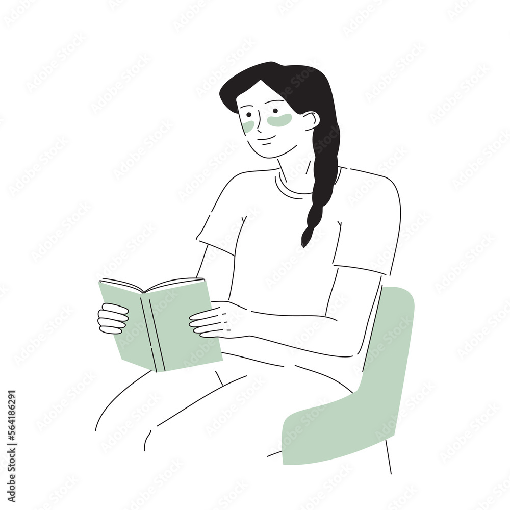 Cute young woman reading book. Hobby concept. Hand drawn vector cartoon style illustration Cute young woman reading book. Hobby concept. Hand drawn vector cartoon style illustration