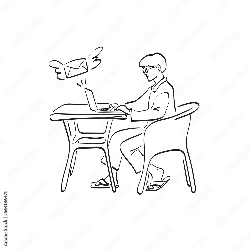 line art man using laptop computer to send email at home illustration vector hand drawn isolated on white background line art man using laptop computer to send email at home illustration vector hand drawn isolated on white background
