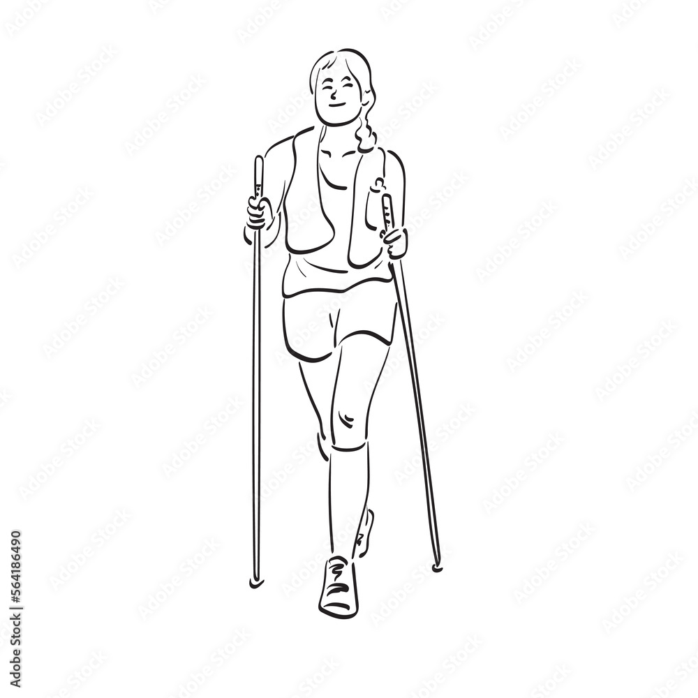 Fototapeta premium line art woman using hiking poll to walk illustration vector hand drawn isolated on white backgroun