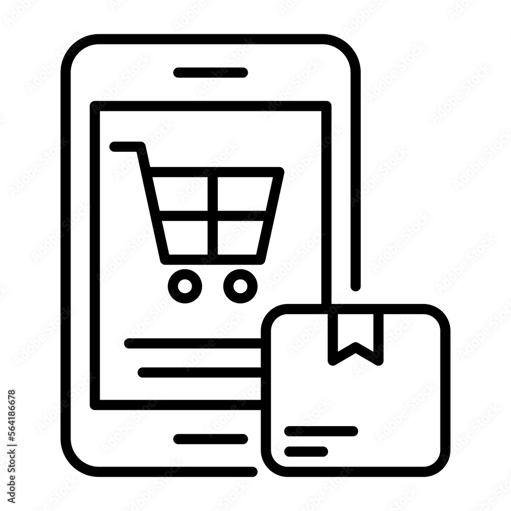 Hand cart inside mobile with parcel icon of online delivery order