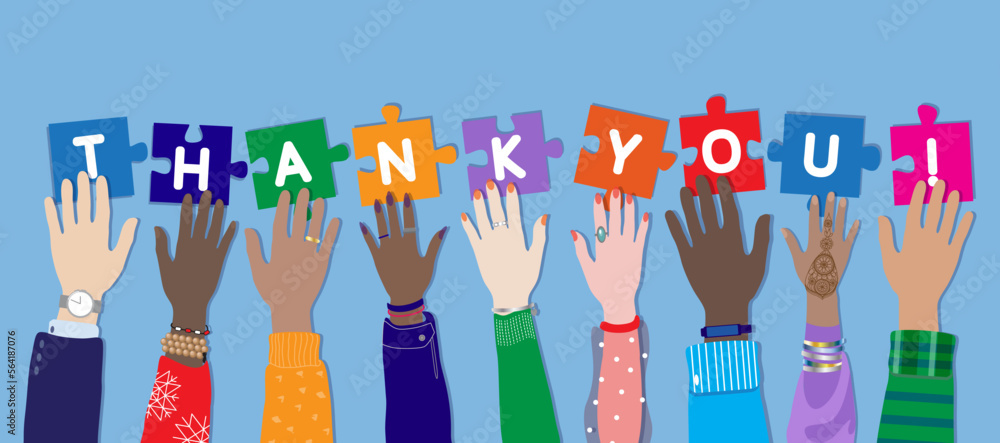 Thank you! Appreciation vector banner, flyer with diverse female and male hands raising up, holding and connecting puzzle pieces. Multicultural international students group, people show gratefulness Thank you! Appreciation vector banner, flyer with diverse female and male hands raising up, holding and connecting puzzle pieces. Multicultural international students group, people show gratefulness