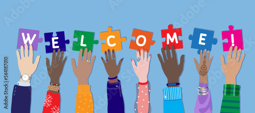 Welcome! Welcome vector banner, flyer with diverse female and male hands raising up, holding and connecting puzzle pieces. Multicultural international students group, people show supportnes