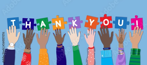 Thank you! Appreciation vector banner, flyer with diverse female and male hands raising up, holding and connecting puzzle pieces. Multicultural international students group, people show gratefulness