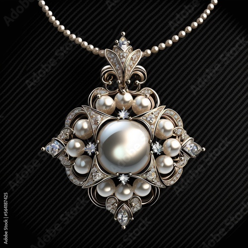 A pearl necklace with swarovski stones and a pendant. Generative AI.