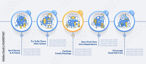 Peaceful teen parenting tips circle infographic template. Family. Data visualization with 5 steps. Editable timeline info chart. Workflow layout with line icons. Lato-Bold, Regular fonts used