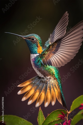 Beautiful flying hummingbird. Generative AI. © Bargais