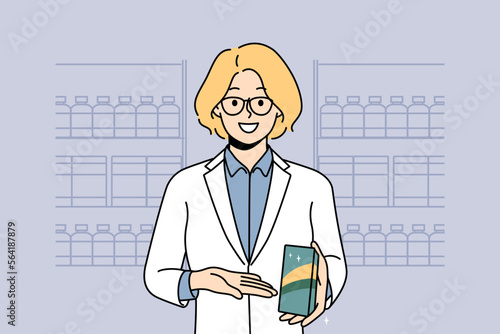 Smiling female pharmacist recommend medication in drugstore. Happy woman specialist in uniform show at bottle give recommendation to medicament. Vector illustration. 