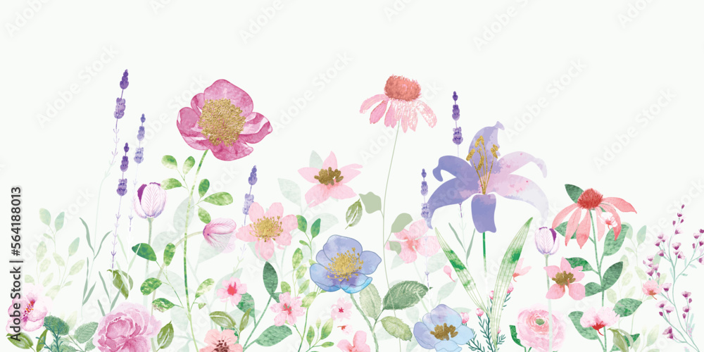 watercolor arrangements with small spring and summer flower. Botanical illustration minimal style.
