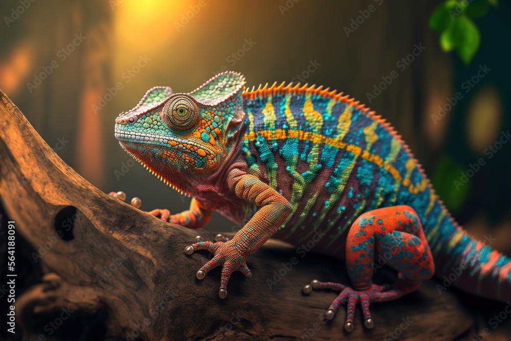 Fototapeta premium Colorful chameleon on a tree branch. Generative AI.