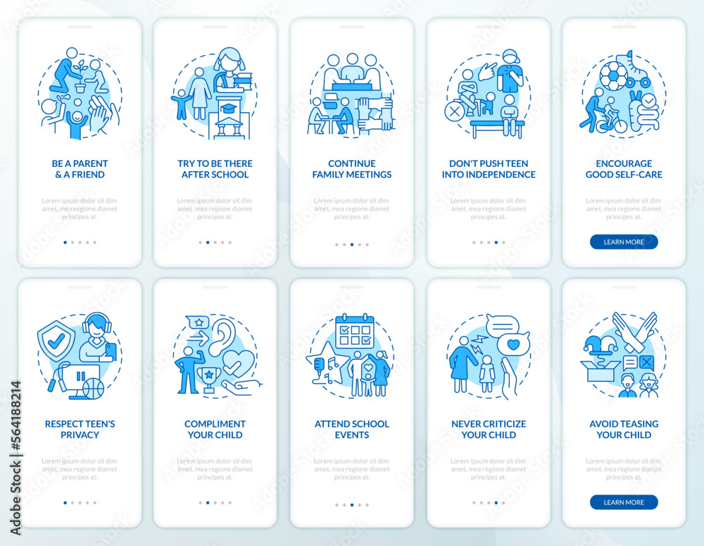 Teen parenting and self esteem blue onboarding mobile app screens set ...